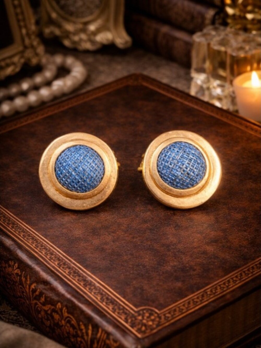 Vintage Gold Tone Blue Woven Dome Clip On Earrings Bold Statement 1980s Retro